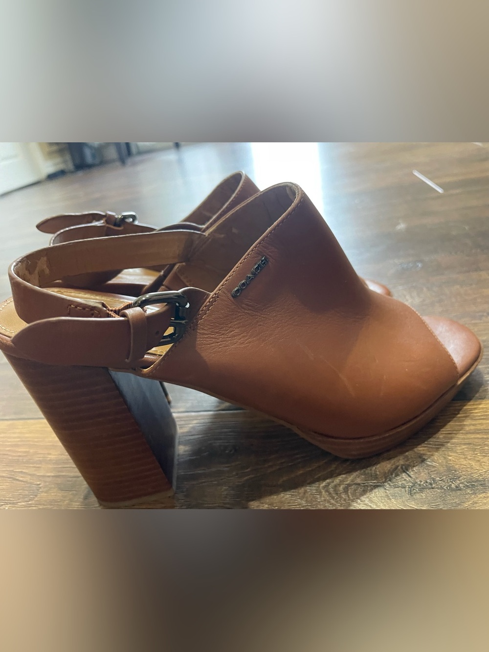 Coach Brown Leather Block Heel Slingback Peep-Toe Sandals - Picture 2 of 10